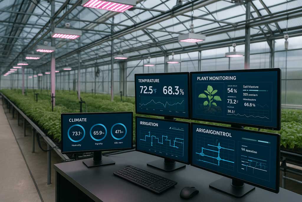 Centro de controlo com múltiplos monitores de monitorização de estufa