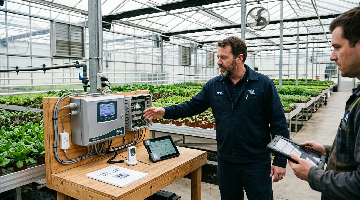Técnico a instalar e demonstrar sistema de sensores IoT em estufa